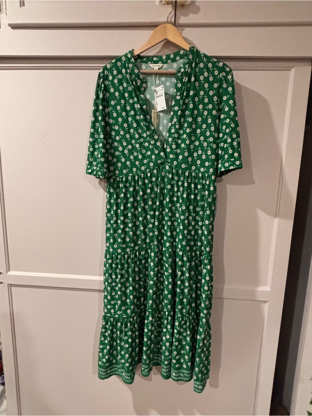 Max Studio Green Floral Tiered V-Neck Midi Dress